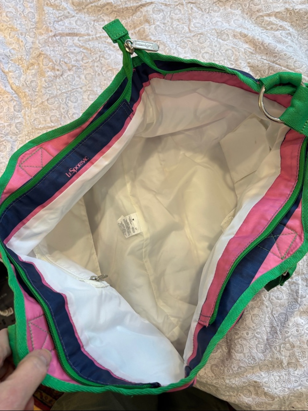 LeSportsac tote pink and blue stripes with green trim - Picture 9 of 11